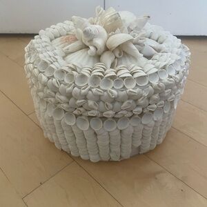Round White Seashell Shell Covered Trinket Box 8.5 Inch Round
